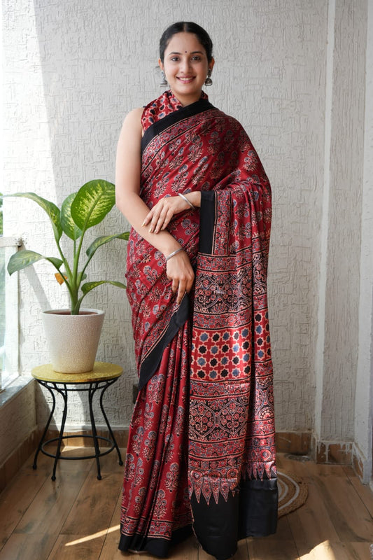 Pure Ajrakh Modal Silk Saree