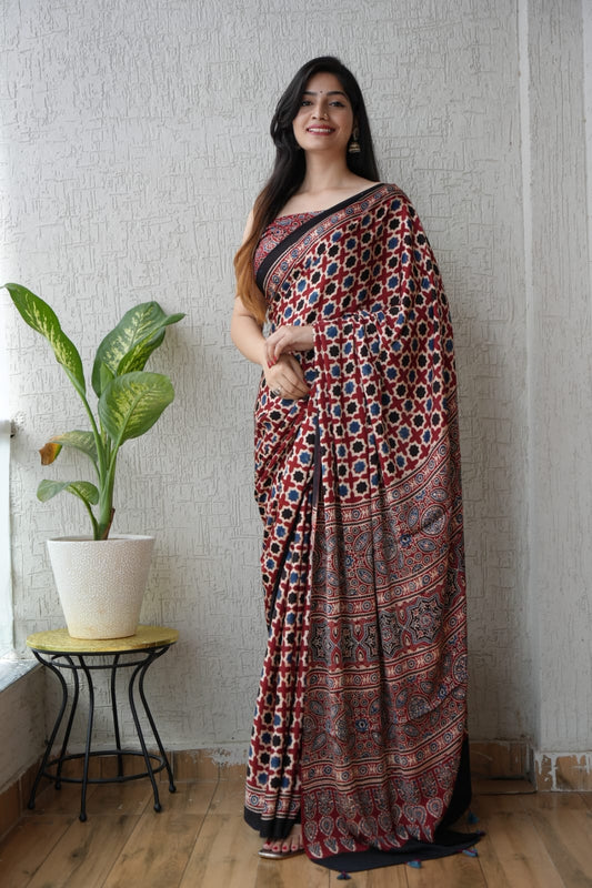 Pure Ajrakh Modal Silk Saree