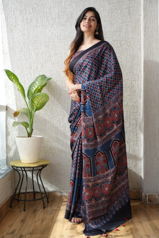 Pure Ajrakh Modal Silk Saree