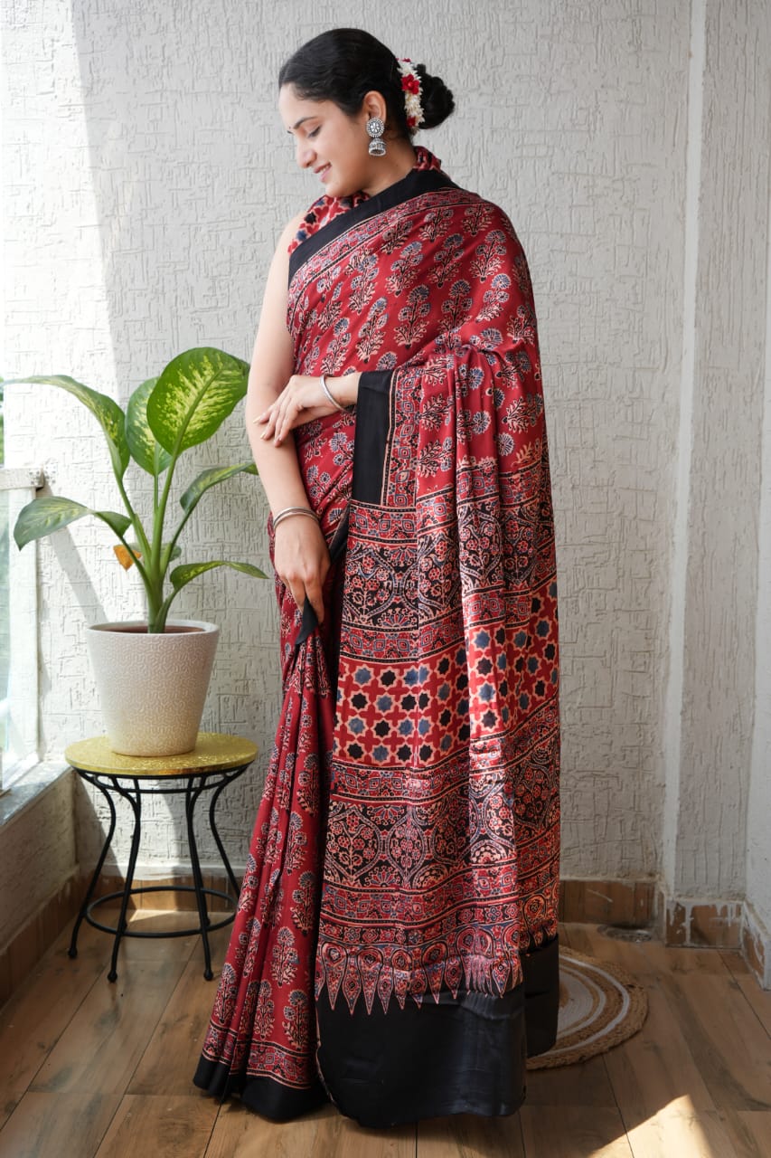 Pure Ajrakh Modal Silk Saree