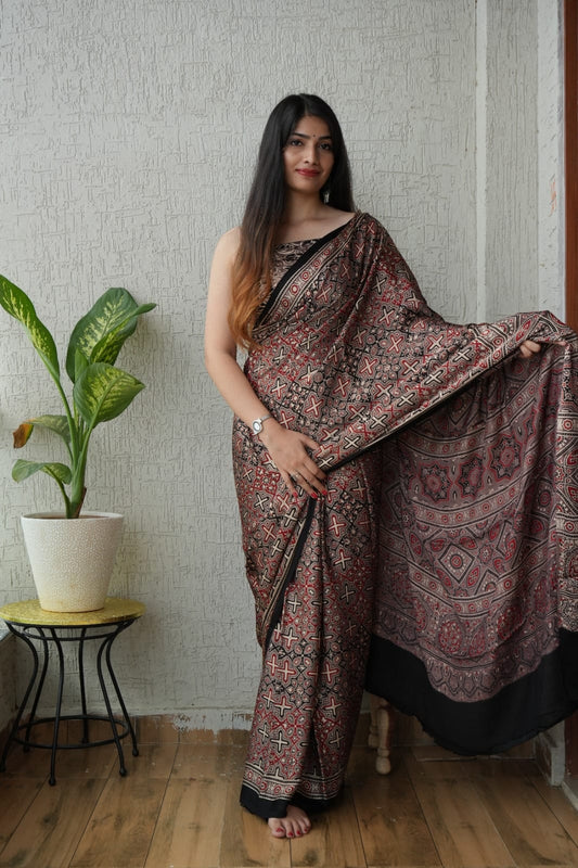 Pure Ajrakh Modal Silk Saree