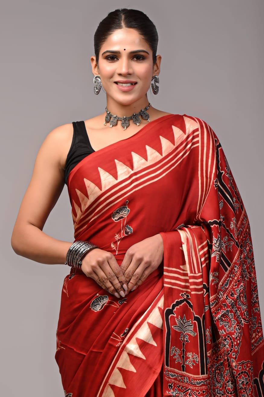 Pure Ajrakh Modal Silk Saree