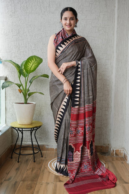 Pure Ajrakh Modal Silk Saree
