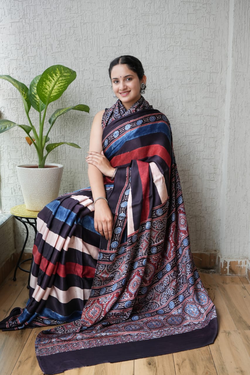 Pure Ajrakh Modal Silk Saree