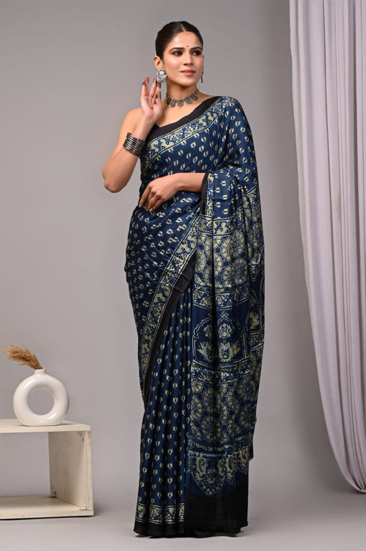 Pure Ajrakh Modal Silk Saree