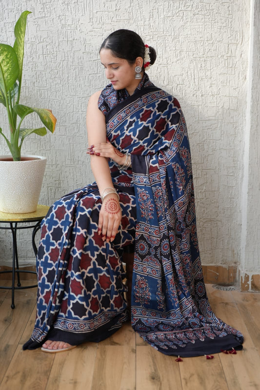 Pure Ajrakh Modal Silk Saree