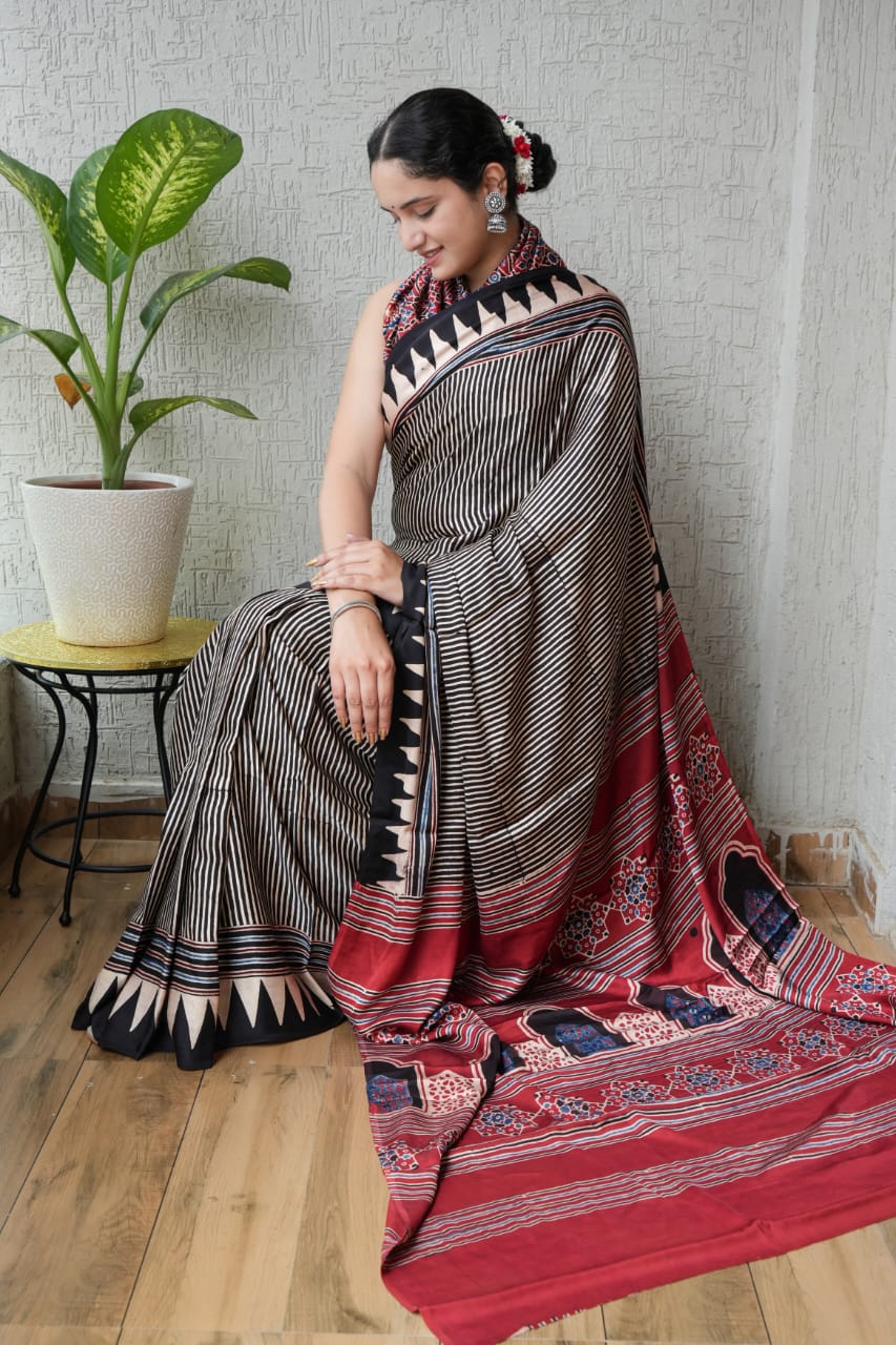 Pure Ajrakh Modal Silk Saree