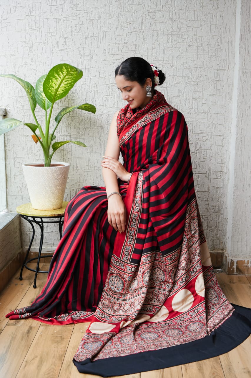 Pure Ajrakh Modal Silk Saree