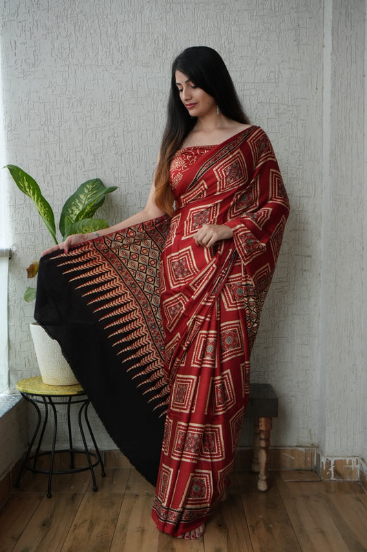 Pure Ajrakh Modal Silk Saree