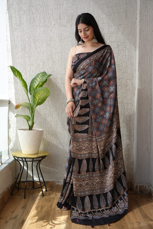 Pure Ajrakh Modal Silk Saree