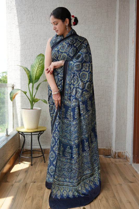 Pure Ajrakh Modal Silk Saree